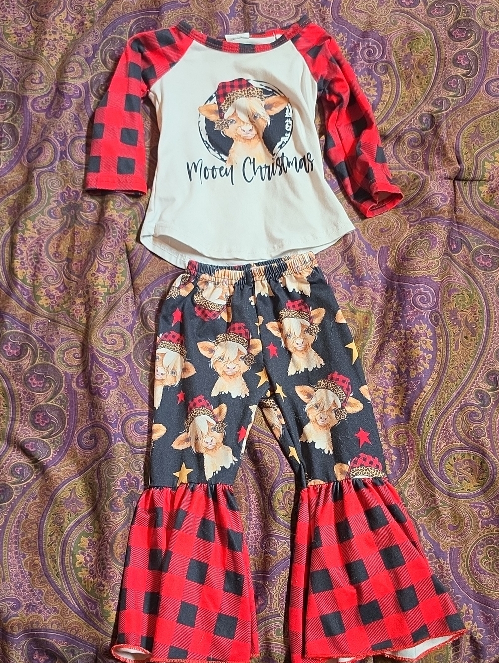 Source Unknown Kids 'Mooey Christmas' Reindeer Pajama Set - Red, Black, Cream
